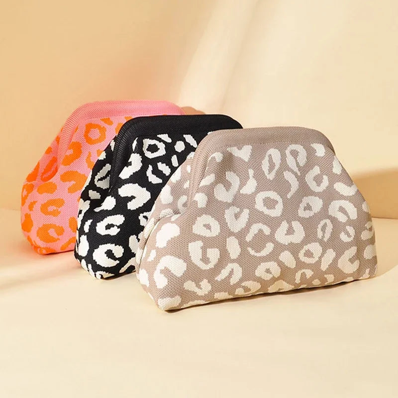 Leopard Print Knitted Clutch Bag Large Capacity Foldable Cloud Ruched Block Grid Clip Bag for Women Beach Crossbody Handbag