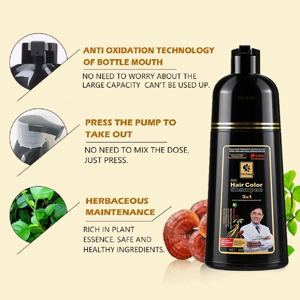 Hair Color Shampoo for Gray Hair 3 in 1 Black Hair Dye Shampoo for Women&Men Natural Herbal Safety Nourishing Hair Care Cream