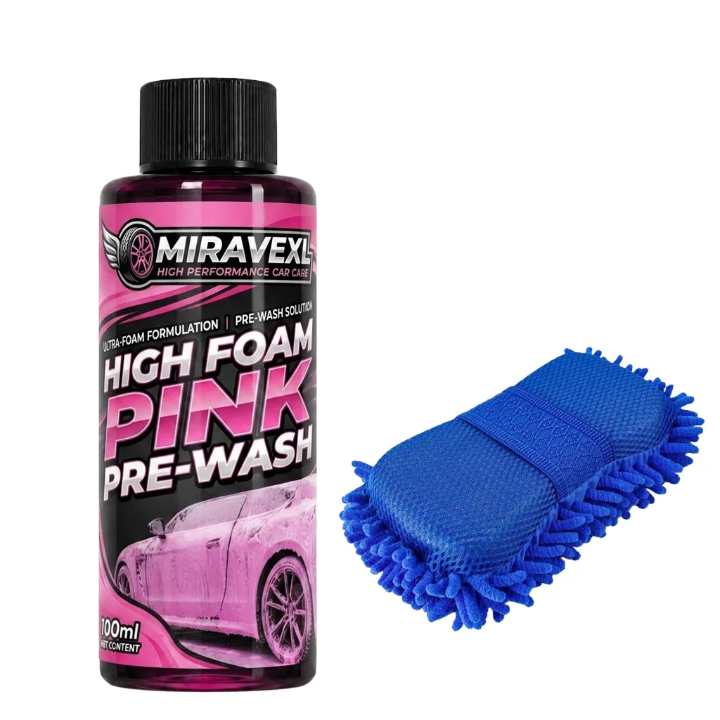 MIRAVEXL High Foam Pink Pre-Wash 100ml Car Care Set, Deep Cleansing Foam Solution, Professional Blue Microfiber Wash Mitt