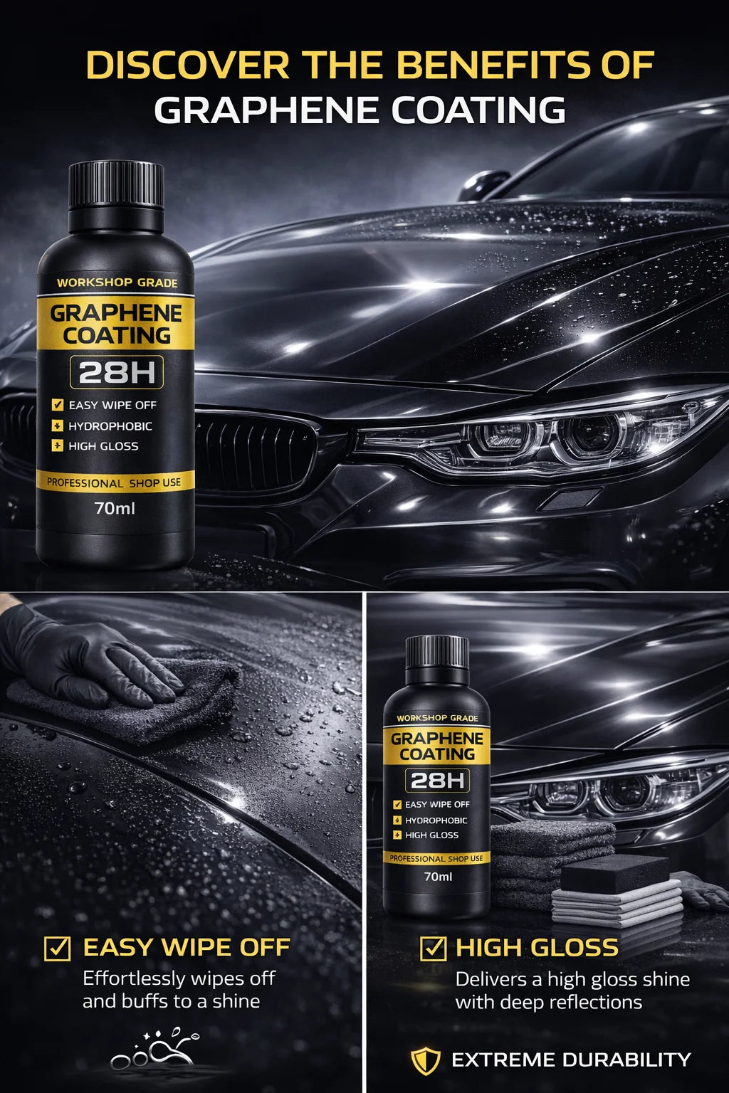 Graphene Ceramic Coating 28H – Easy Wipe Off, Hydrophobic & High Gloss (70ml)