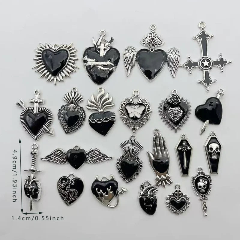 10Pcs Gothic Black Enamel Alloy Charms Mixed Vintage Heart Cross Skull Coffin Metal Pendants For DIY Earrings Bracelet Keychain