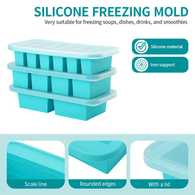 2 or 3-piece Silicone Freezer Tray Mold with Lid, Storage Box Food Box, Storage Containers for Soup, Broth, Meal Prep, Ice Cubes