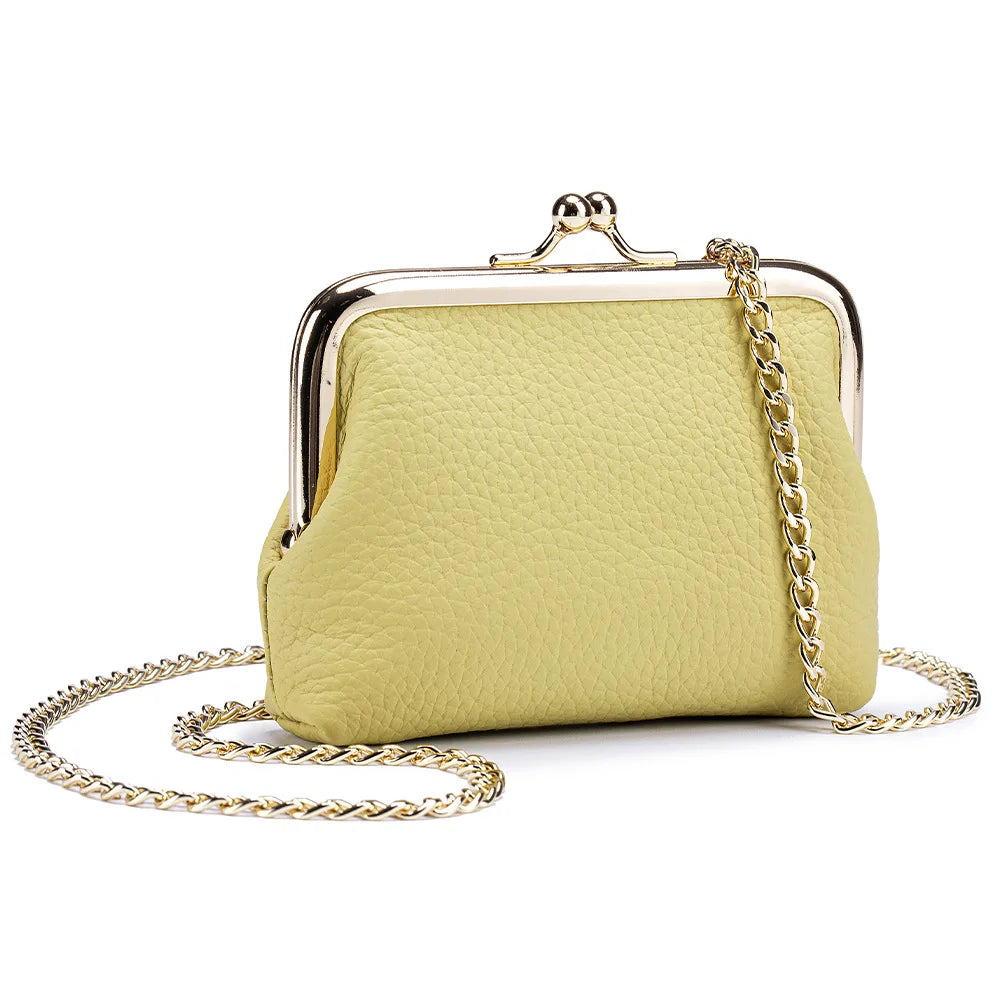Women's Kiss Lock Crossbody Bag Genuine Leather Mini Handbags Kiss Clasp Crossbody Shoulder Bags Coin Purse Messenger Handbag