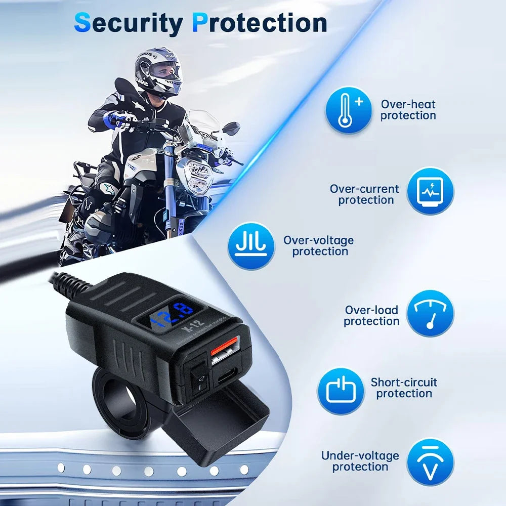 Motorcycle Vehicle-Mounted Charger Waterproof Adapter 12V-24V Phone USB PD Ports Quick Charge 3.0 With Switch Digital Voltmeter