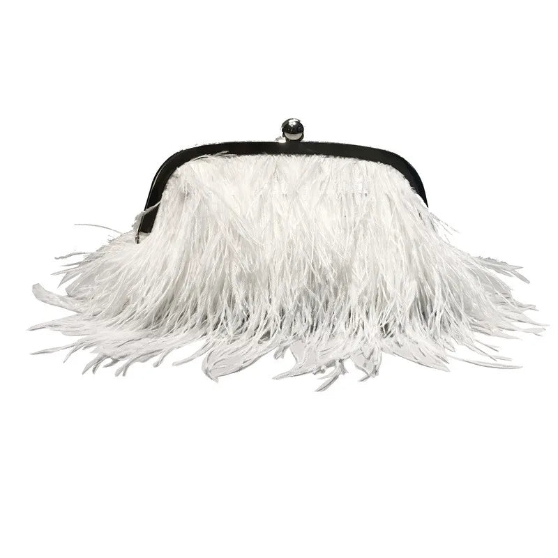 New Ostrich Hair Evening Clip Clutch Bag Fashion Lady Wedding Party Pouch Bag Chain Shoulder Crossbody Ostrich Feather Bag