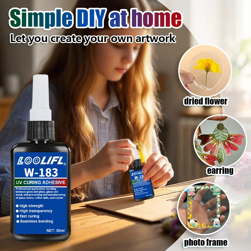 W183 UV invisible adhesive, transparent resin adhesive, diy, for glass, ceramics and plastics, UV curing, no residue. Strong