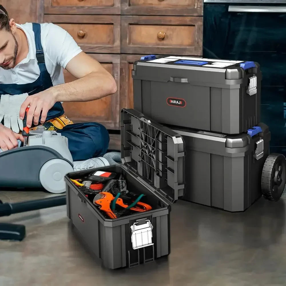 3-in-1 Rolling Stackable Toolbox with Detachable Organizer for Portable Storage in Workshops and Home DIY