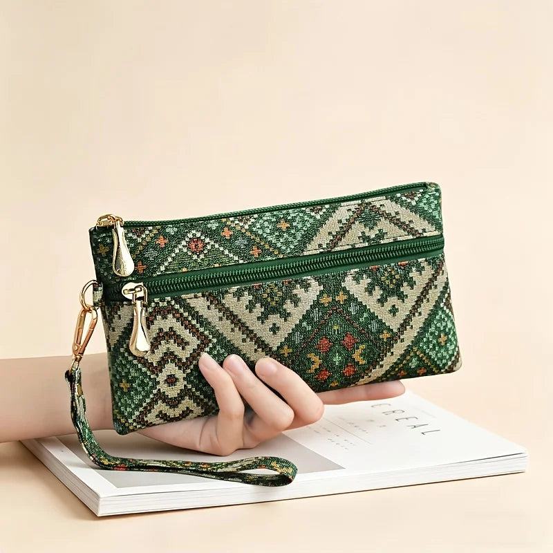 Ethnic Bohemian Chinese Style Womens Long Clutch Wallet Phone Pocket Portable Daily Travel Fashion Storage Hand Purse Accessory