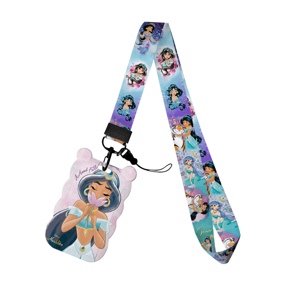 Disney Jasmine Princess Irregular Head Shape Badge Holder Lanyard Keys Chain ID Credit Card Cover Bus Card Holder Glitter Charms