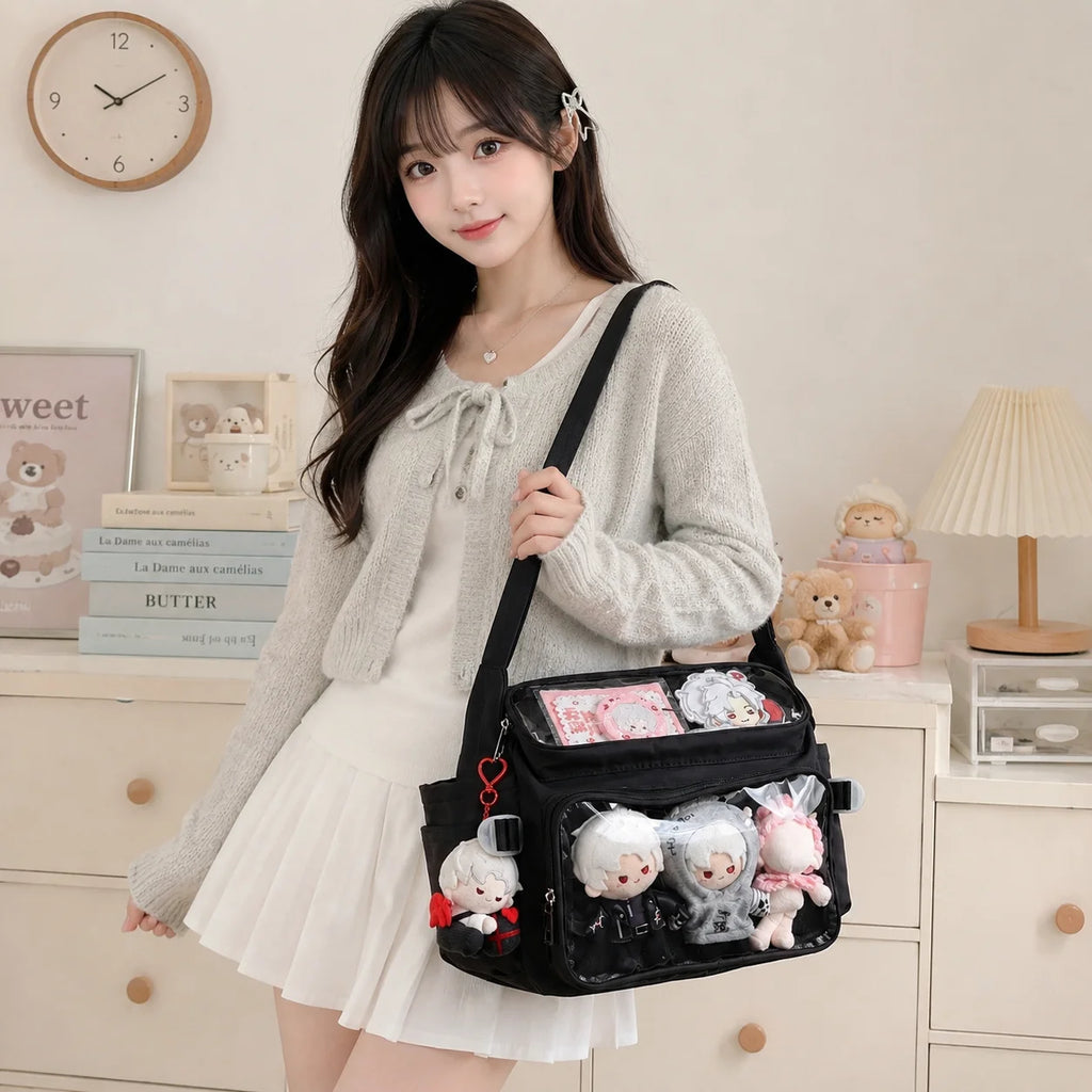 Kawaii Ita Bag Double Transparent Display Nylon Large Capacity Shoulder Crossbody School Tote Bag for Teenage Girls JK Style