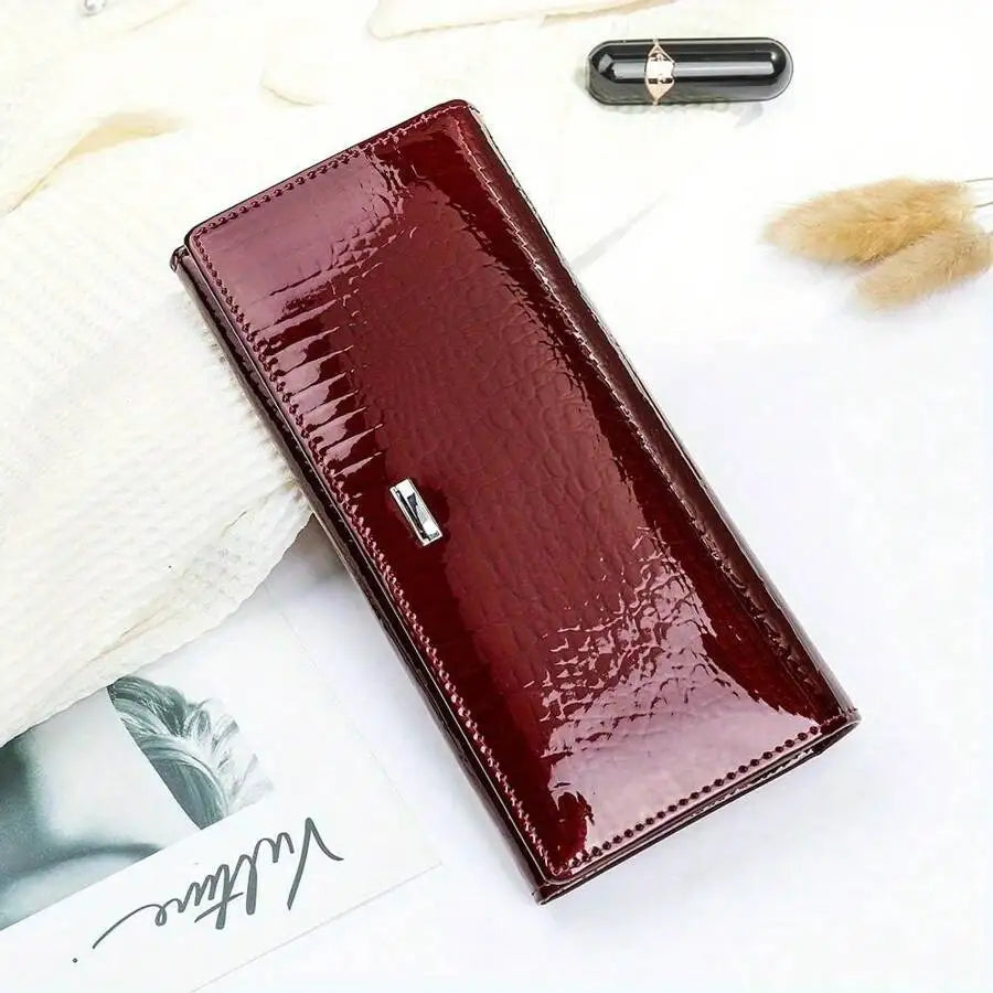 New Shiny Leather Cowhide Wallet Women's Long Leather Money Clip Bag, Evening Bag