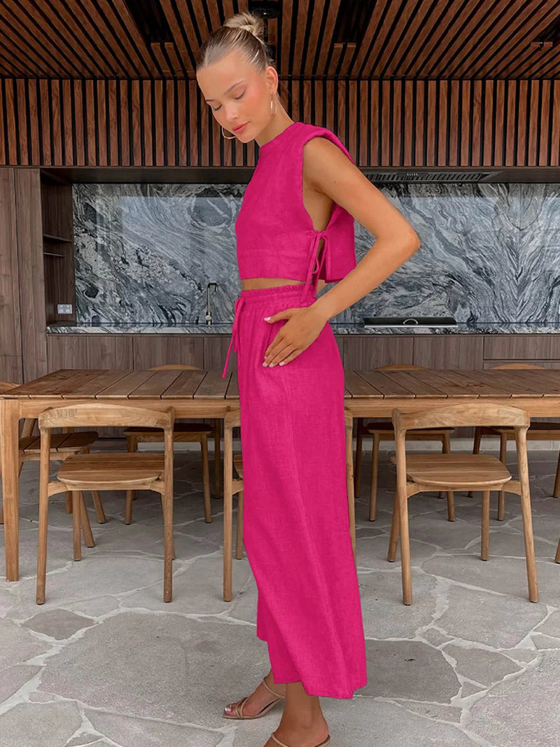 Spring Summer 2025 Women Holiday Linen Pant Set Crop Tops Solid Outfits 2 Two Piece Matching Set For Women