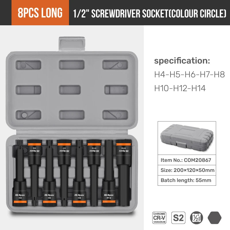 For Auto Repair,Hand Tools Mechanical Workshop Tool Hi-Spec 1/2 Inch Drive Impacts Socket Set Hex Bits H4-H17 CR-V Sockets Set