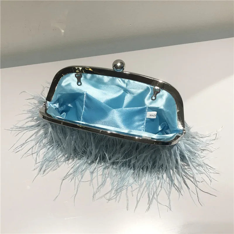 New Ostrich Hair Evening Clip Clutch Bag Fashion Lady Wedding Party Pouch Bag Chain Shoulder Crossbody Ostrich Feather Bag