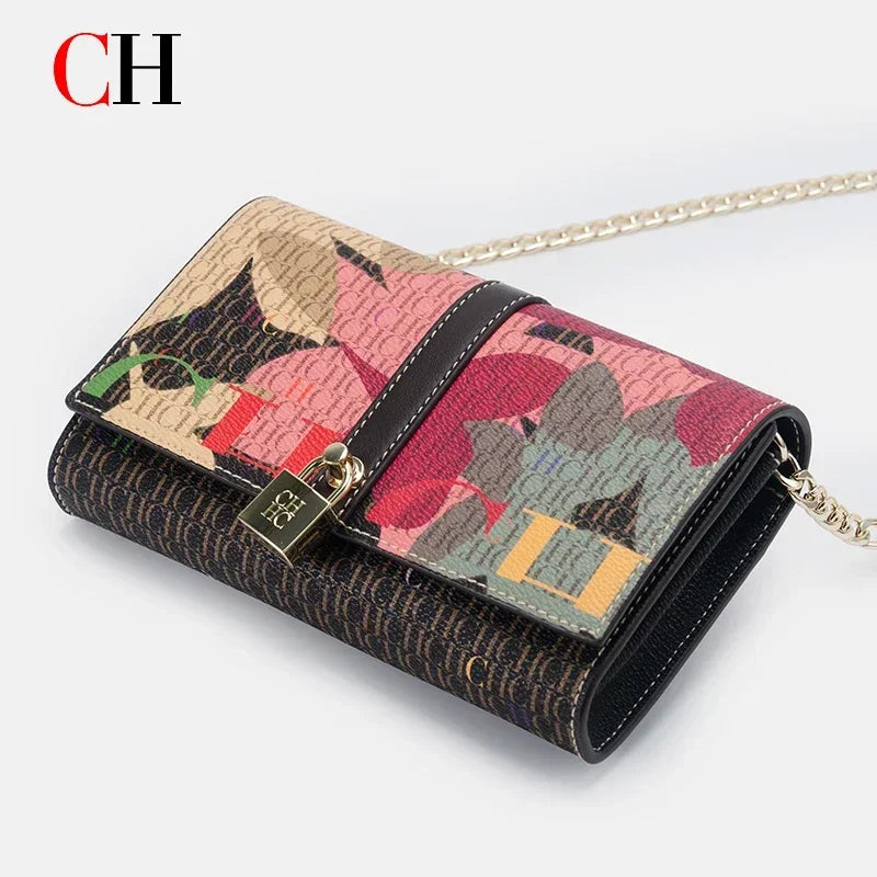 CH Ladies Shoulder Handbag Allover Camouflage Print Metal Chain Crossbody Purse Lock Closure Flap Female Evening Clutch Bag