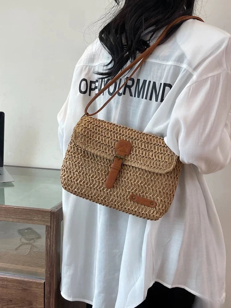 Forest style retro paper rope woven bag, female mini postman crossbody bag, daily commuting, beach versatile shoulder bag