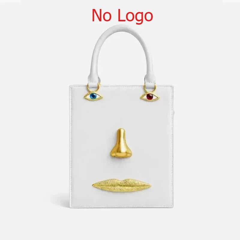 Face Bag Women High Quality Black Leather Luxury Brands Handbag Jewelry Eyes Gold-tone Metal Shoulder Strap Crossbody Bags
