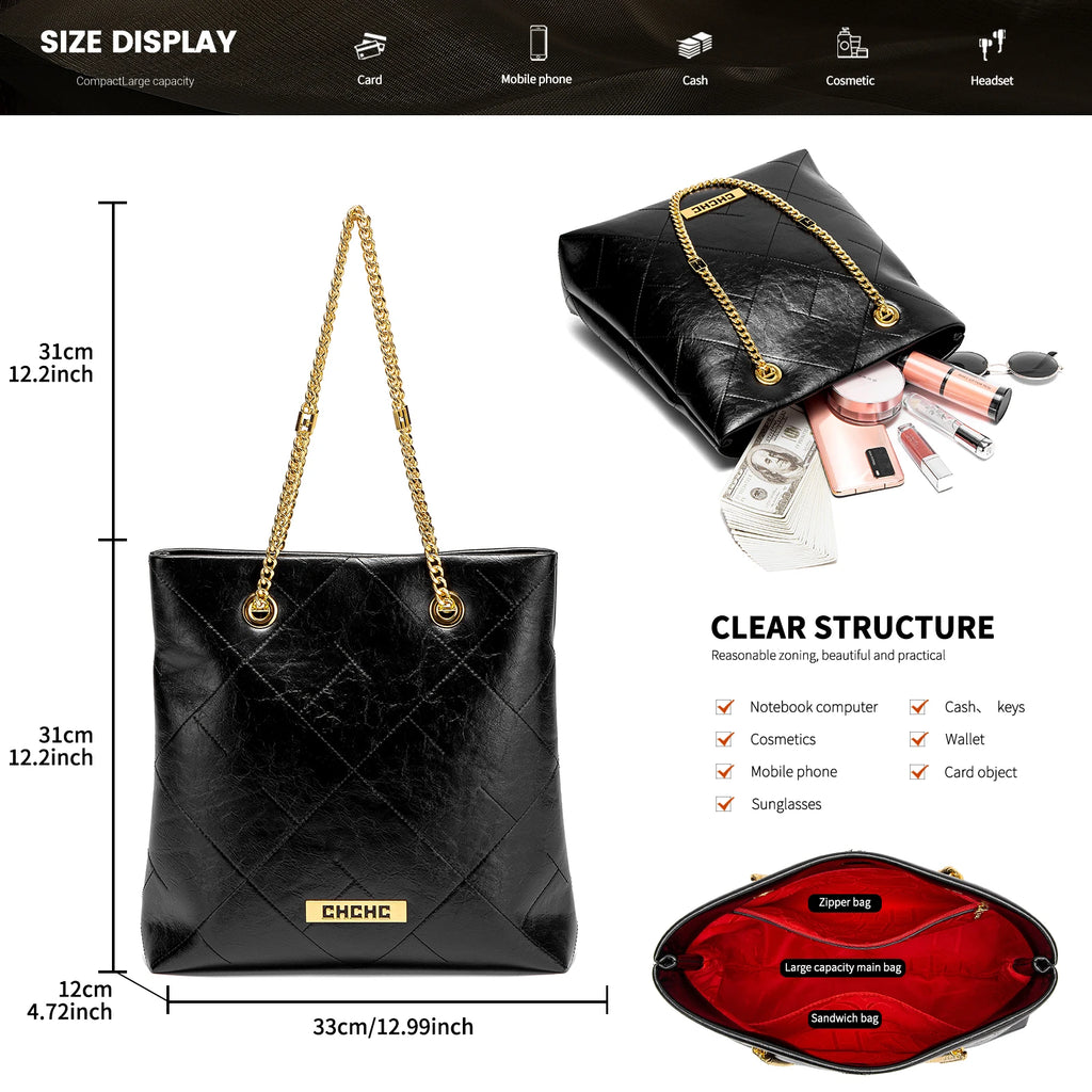 CHCH Women's Tote Bag 2025 New High Quality Chain Bag Women's Shoulder Bag Business Commuter