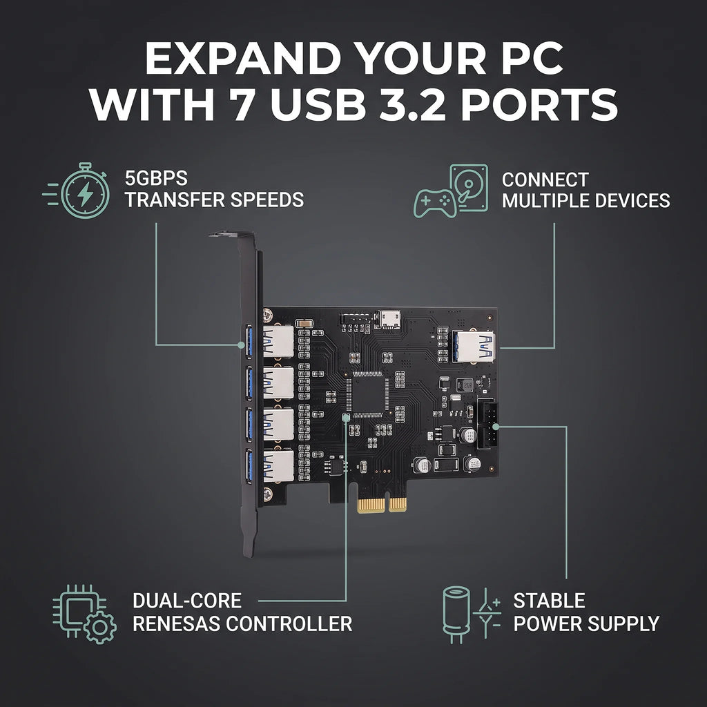 7 Port PCIE Expansion Card 7 Ports USB 3.2 GEN1 5Gbps High Speed Transmission Stable Power USB 3.2 GEN1 Front Expansion Card