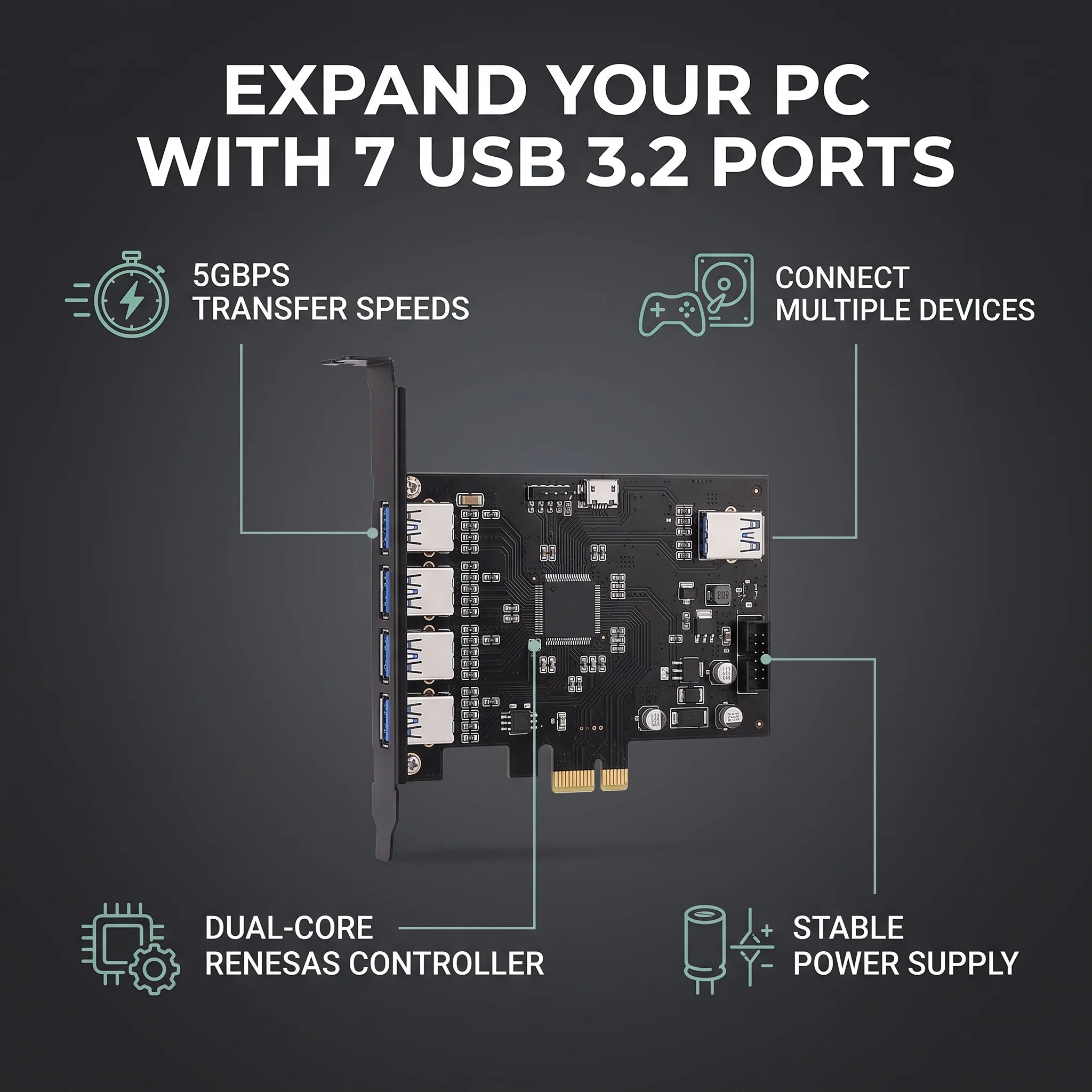 7 Port PCIE Expansion Card 7 Ports USB 3.2 GEN1 5Gbps High Speed Transmission Stable Power USB 3.2 GEN1 Front Expansion Card