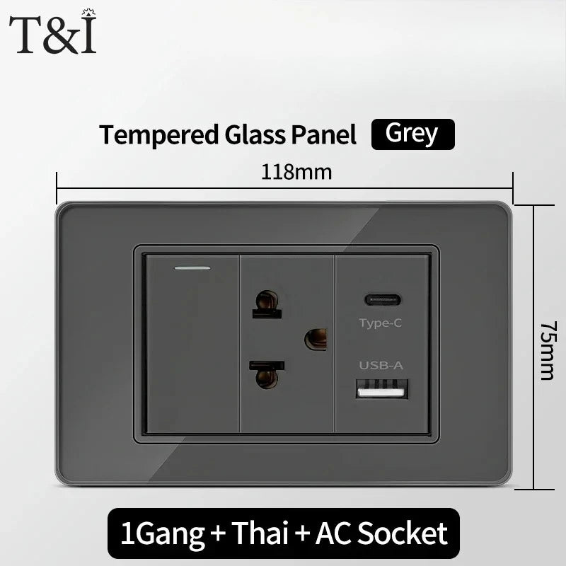 118*75mm Tempered Glass Socket US Wall Socket Grey Thai USB Socket Plug with Dual USB Type-C Ports,Light Switch 110V