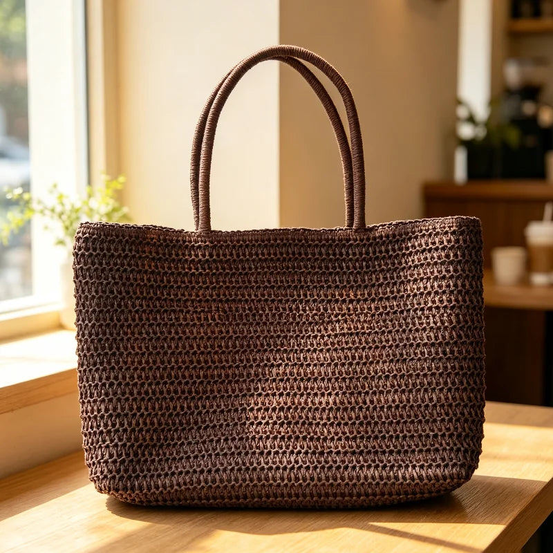 Summer French Elegant  Raffia Straw Tote Bag Women Large Capacity Minimal Shoulder Bag Magnetic Buckle Beach Shopping Handbag