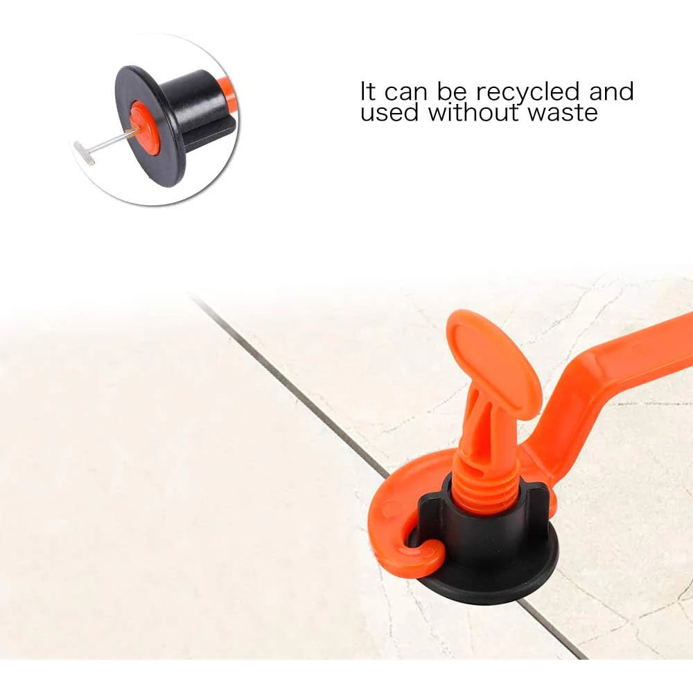 Reusable tile leveling system, 100 tile leveler gaskets, 100 2mm tile gaskets, 2 wrenches and 100 replaceable spare steel pins
