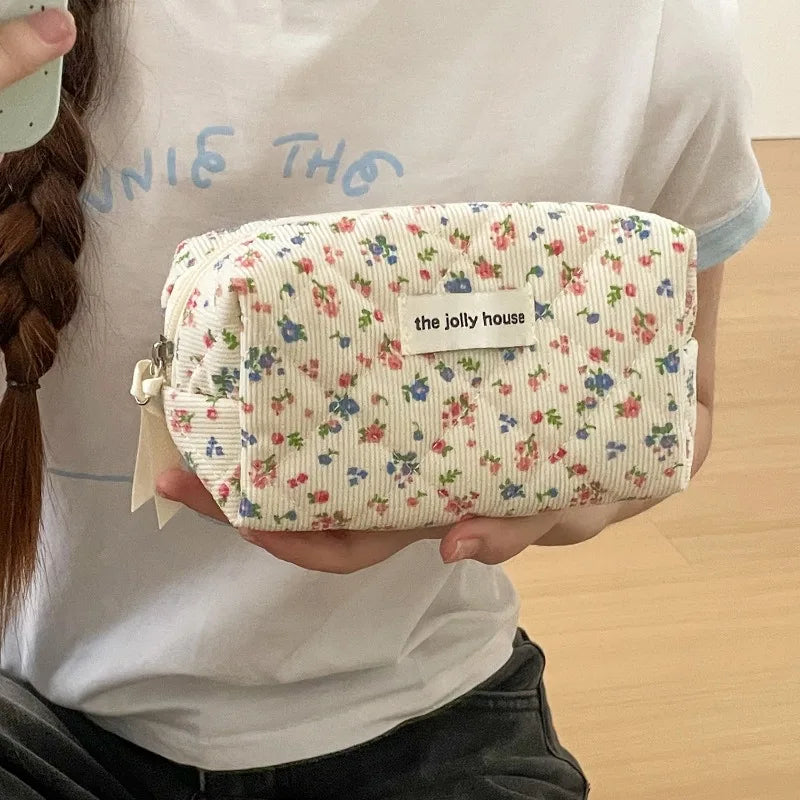 3pcs Floral Clutch Bag Flower Quilting Cotton Makeup Bag Women Zipper Cosmetic Organizer Handbag Portable Toiletry Case for Girl