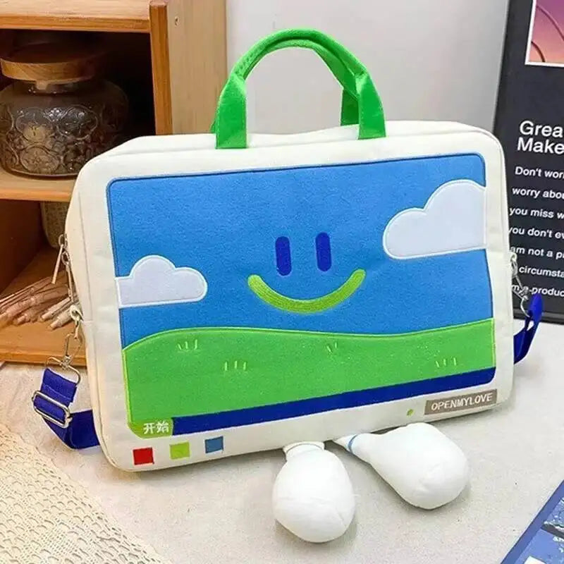 Funny Cartoon Smiling Face Shoulder Bag Casual Computer Protective Student Embroidery Laptop Fashion Big Capacity Versatile Bag