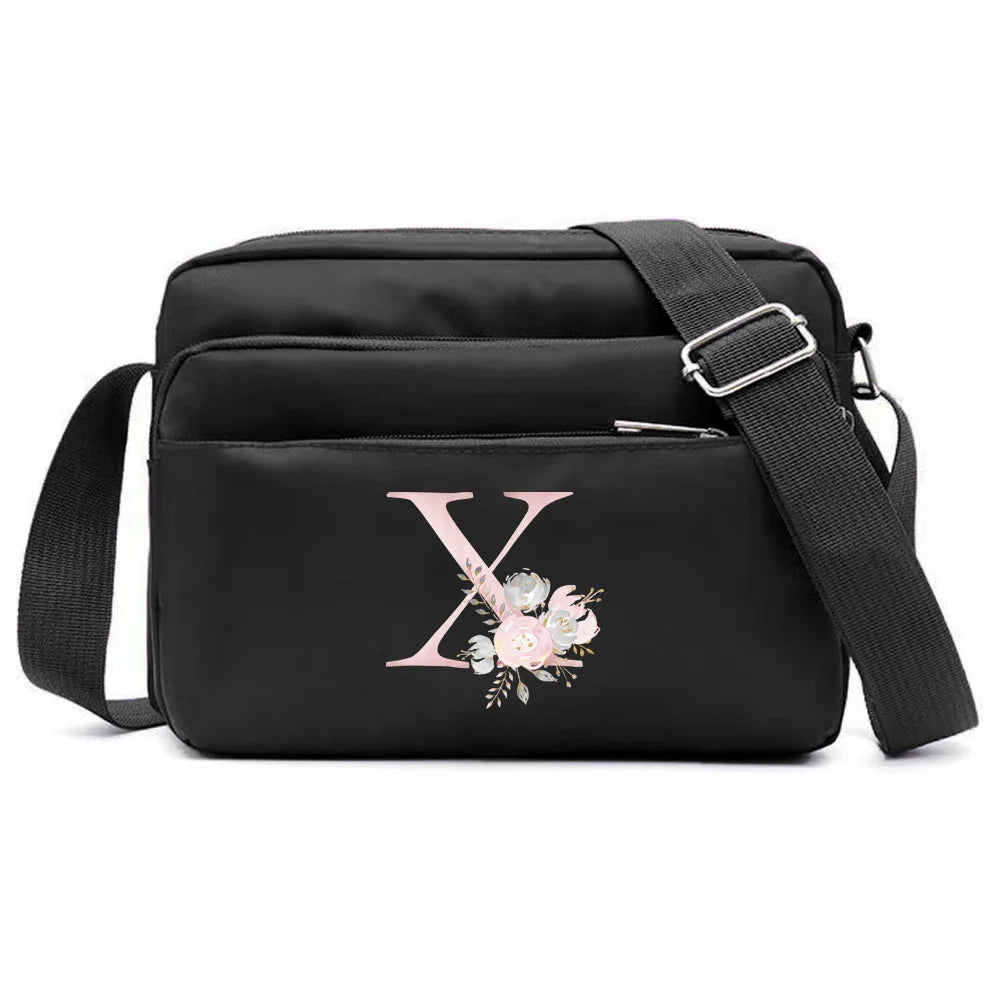 New Simple Black Storage Bag Multi-layer Travel Leisure One Shoulder Crossbody Bag Pink Flower Letter Series Printing Pattern