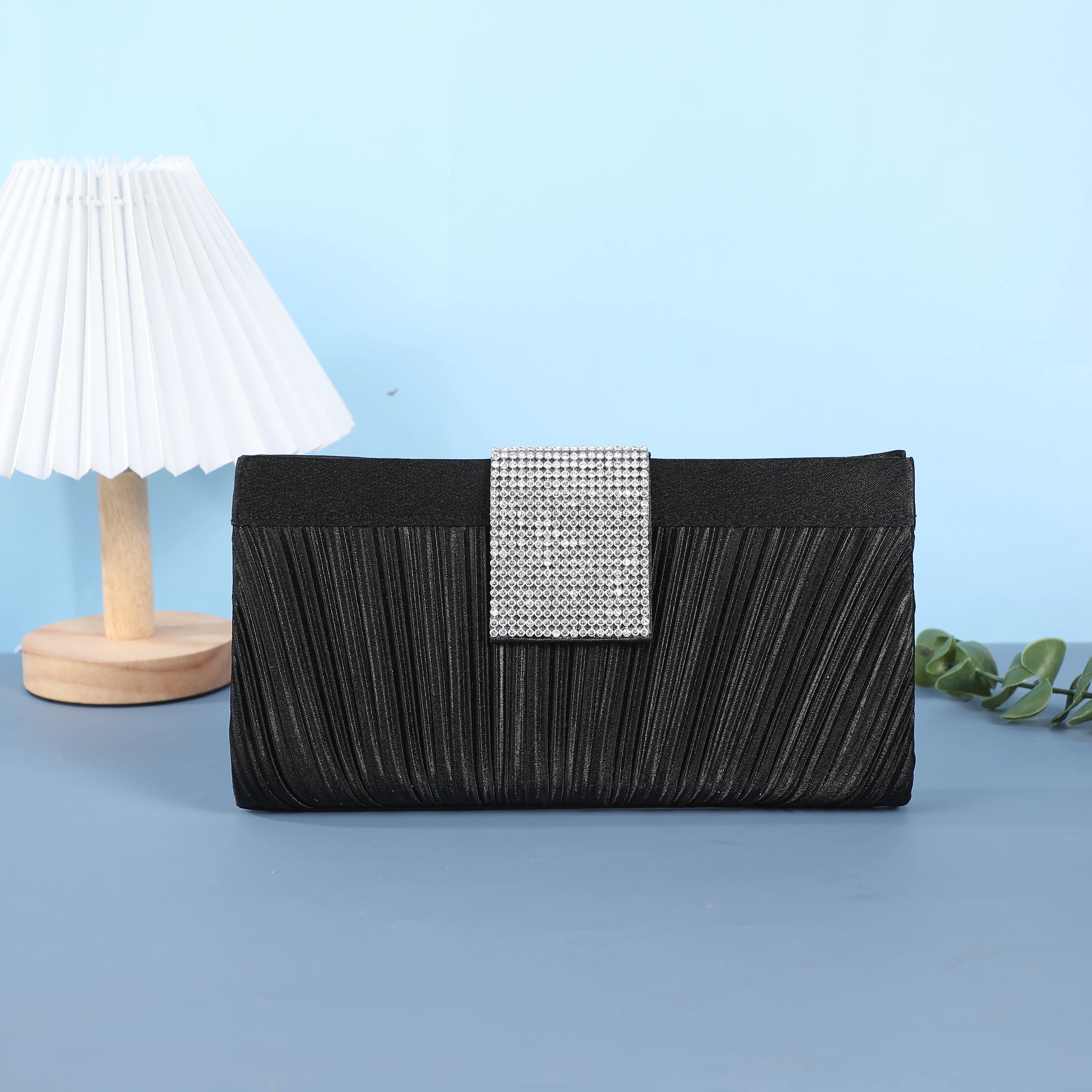 Popular Satin Clutch Bags Bridal Wedding Purse Shiny Pleated Crossbody Shoulder Handbag Rhinestone Evening Bags For Party