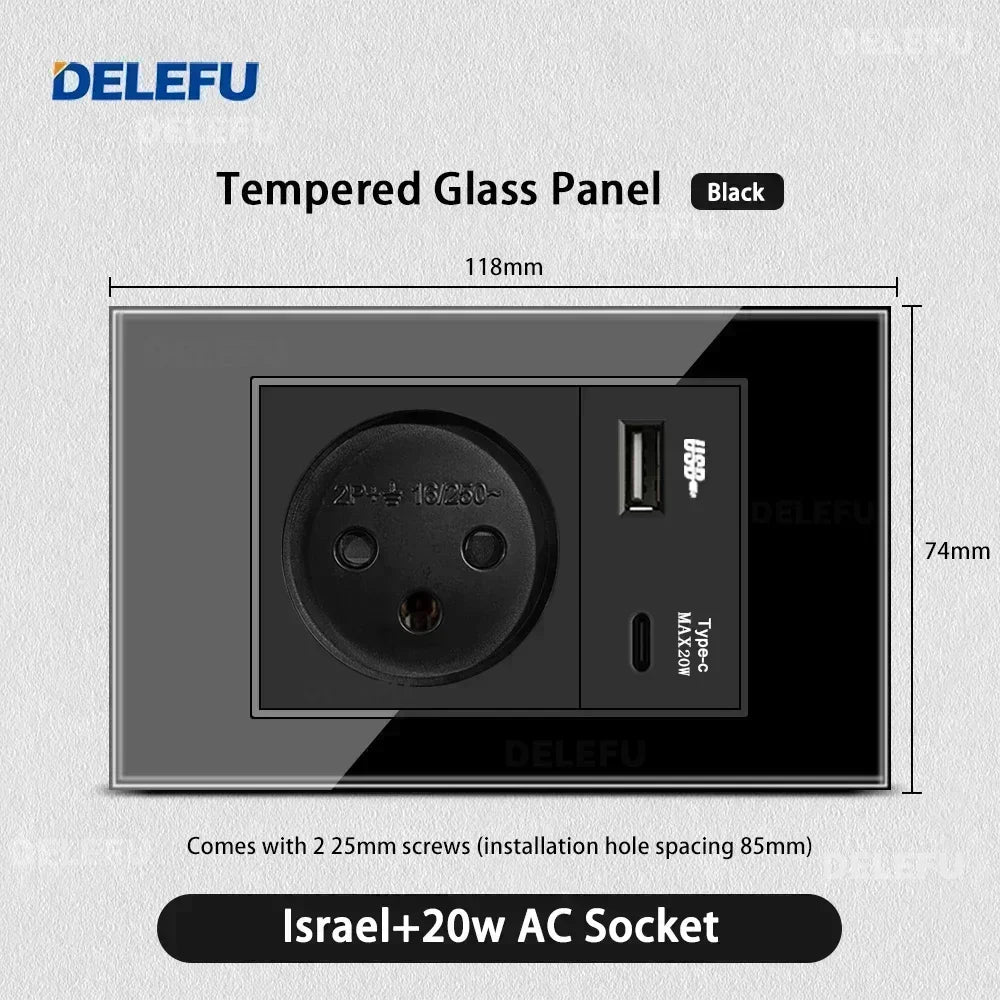 DELEFU Black Tempered Glass Israel USB Type C Fast Charging Wall Socket Light Tuya Wifi Smart Switch Sat TV Tel Doorbell Curtain
