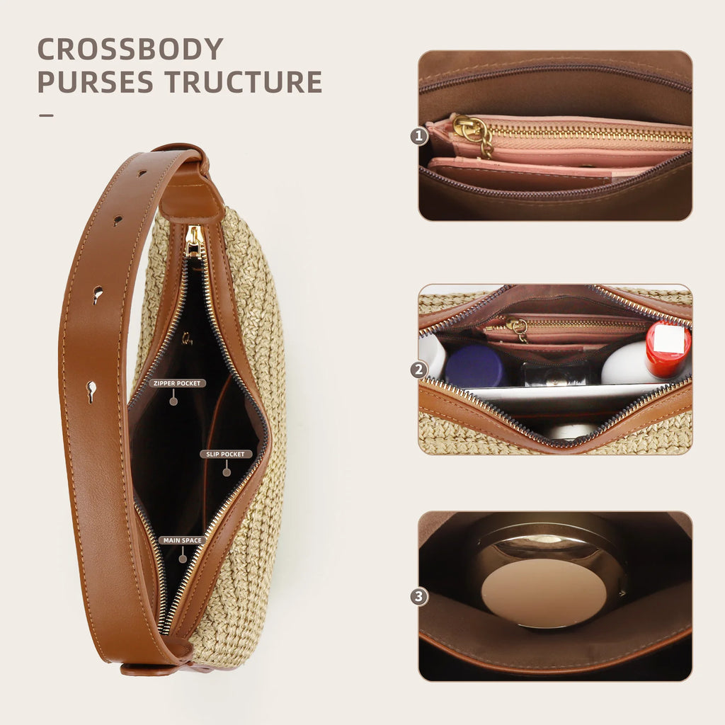 Causal Straw Woven Top-Handle Bags For Women Summer Holiday Beach Wrapped Handbags Ladies Handheld Crossbody Bags Totes Hobos Half Moon Bags