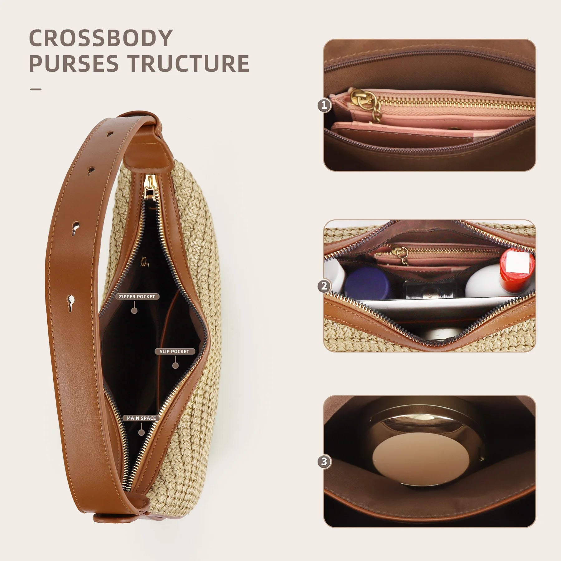 Causal Straw Woven Top-Handle Bags For Women Summer Holiday Beach Wrapped Handbags Ladies Handheld Crossbody Bags Totes Hobos Half Moon Bags