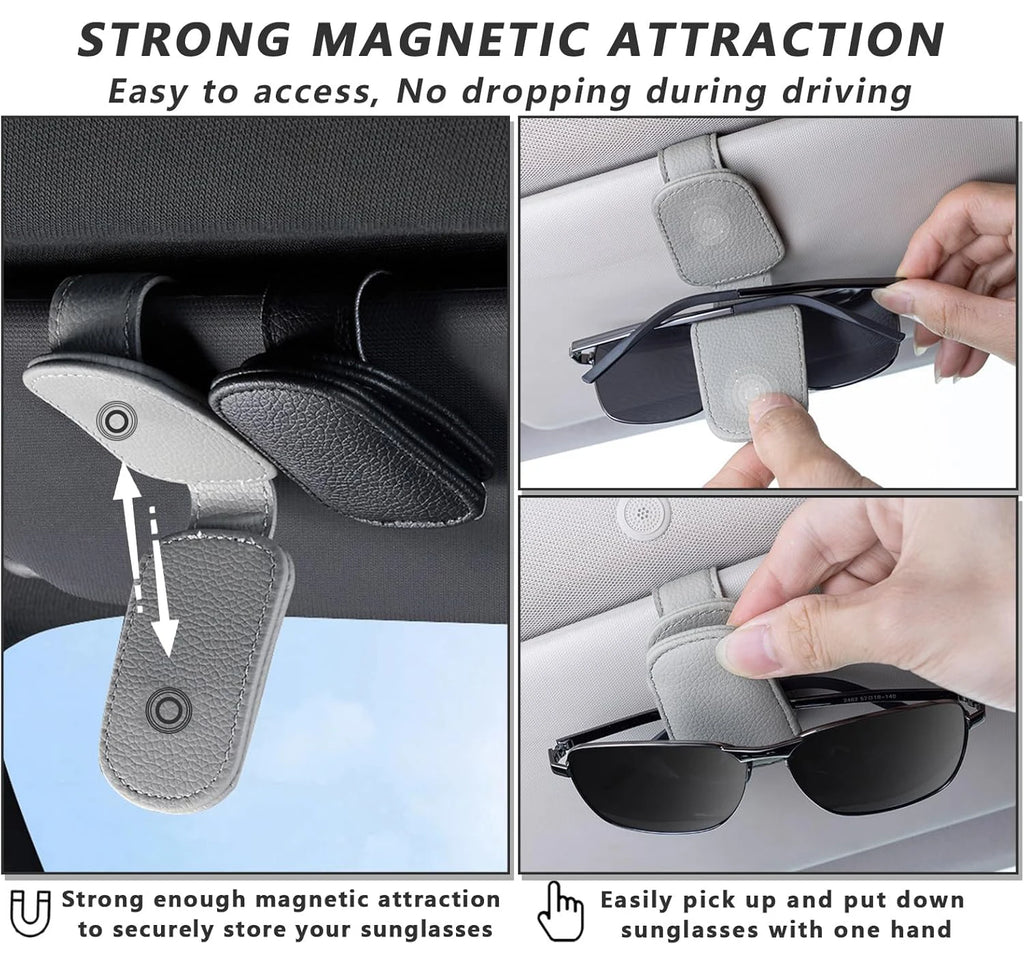 Sunglasses holders are compatible with car sunshades. They feature magnetic leather sunglasses clips and B-type clips.
