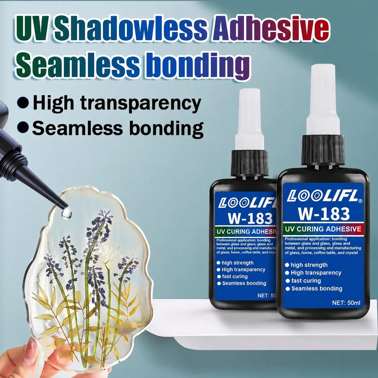 LOOLIFL New W-183 Strong 50ml UV Glue Curing Adhesive UV Curing Crystal Glass and Metal ABS Bonding Welding With UV Curing Lamp