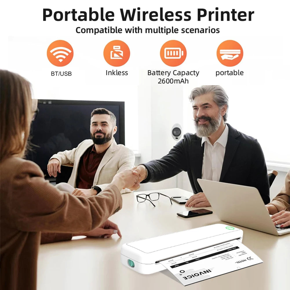 New Portable Mini A4 Printer No Ink Printing A4 Thermal Printer for Phone PC Tattoo Transfer Printer or 5PK Thermal Paper Rolls