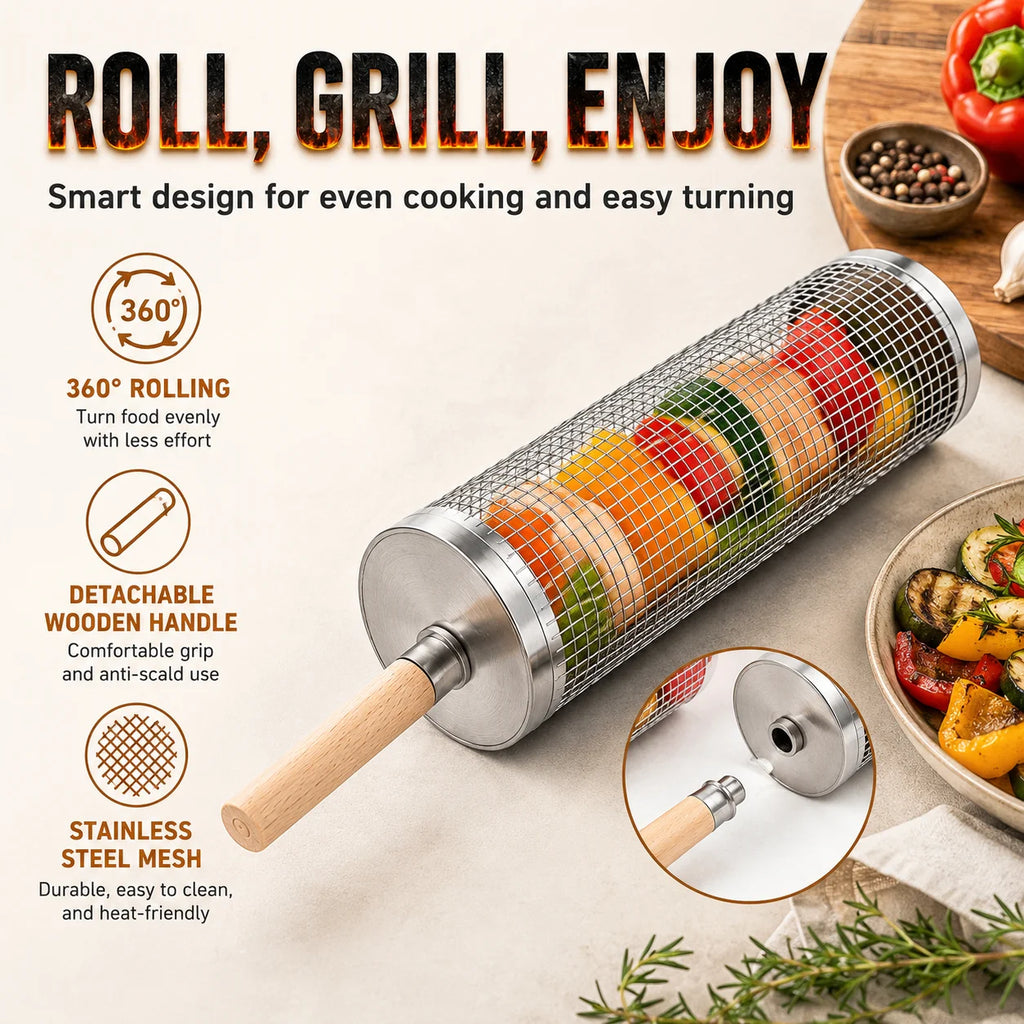 Uwhise Rolling BBQ Grill Basket Stainless Steel Cylinder Grill Tube For Outdoor Camping Veggie Meat Mesh Tools Detachable Handle