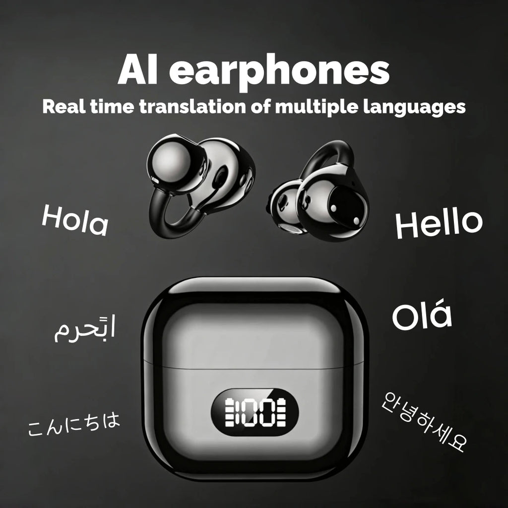 AI Translator Earbuds, Clip-On Open Ear Headphones, Wireless Bluetooth Translation Earphones with 144 Languages Real-Time Trans
