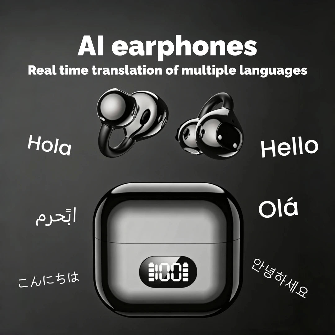 AI Translator Earbuds, Clip-On Open Ear Headphones, Wireless Bluetooth Translation Earphones with 144 Languages Real-Time Trans