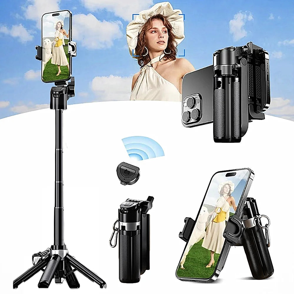 Newly Upgraded Design Mini Bluetooth Portable Telescopic Multifunctional Tripod Phone Selfie Stick with Key Chain