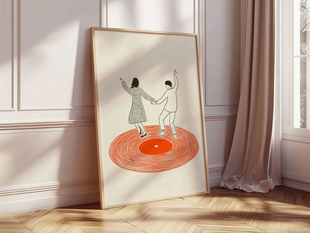 Dancing Couple Wall Art Print, Retro Record Player Poster, Modern Music Inspired Illustration for Home Bar or Living Room