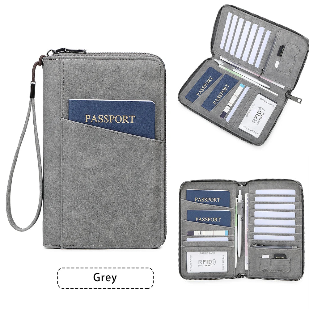 Multi-Functional RFID Blocking Passport Bag Travel Document Holder with Long Zipper Ticket Storage Wallet for Multiple Passports