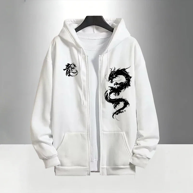 Chinese Dragon Print Tracksuit for Men Zipper Hooded Sweatshirt and Black Sweatpants Urban Causal Fashion Hoodies Outerwear Sets