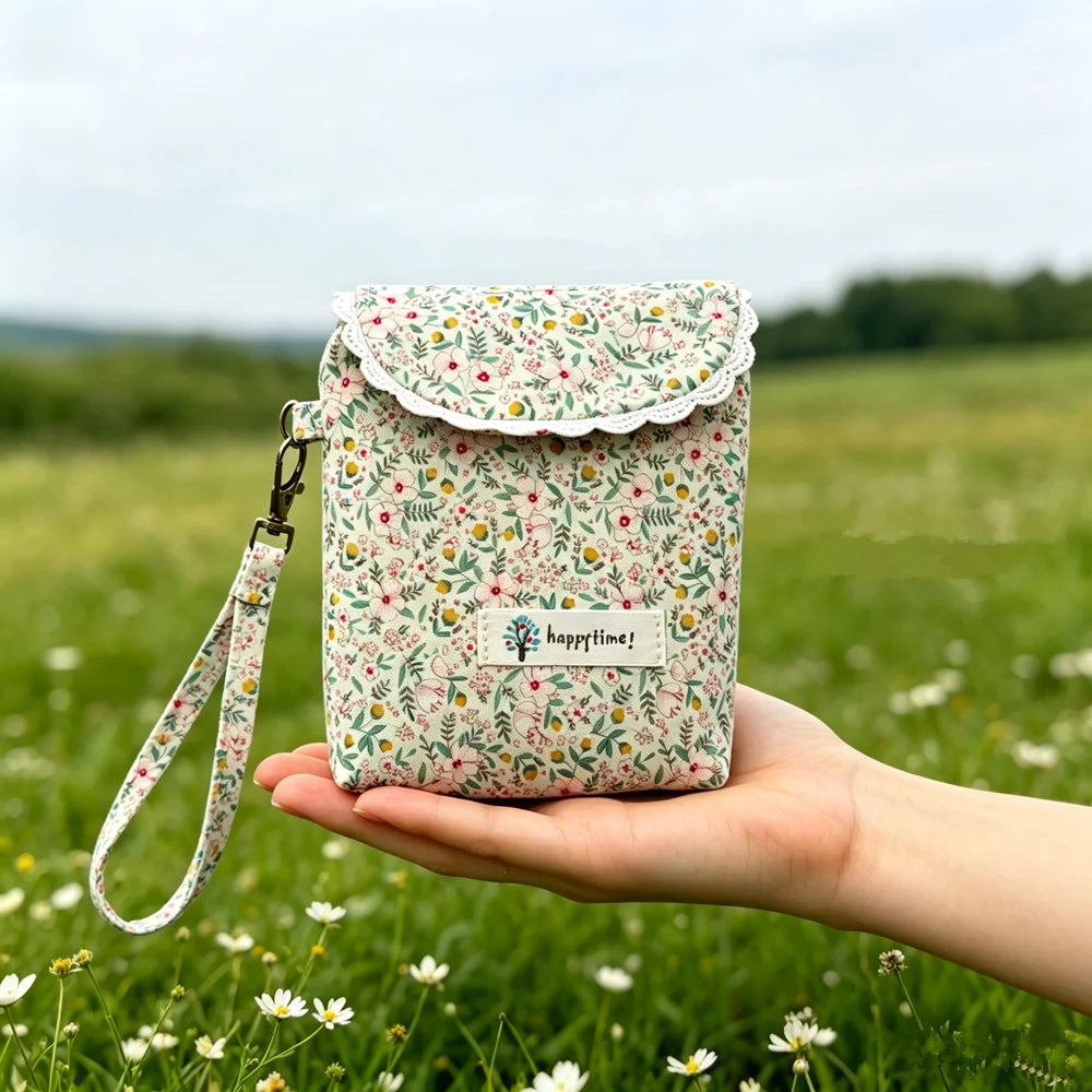 Cute Floral Lace Edge Mini Wristlet Bag, Canvas Flap Phone Purse With Detachable Strap, Portable Card Coin Storage Pouch For Lad
