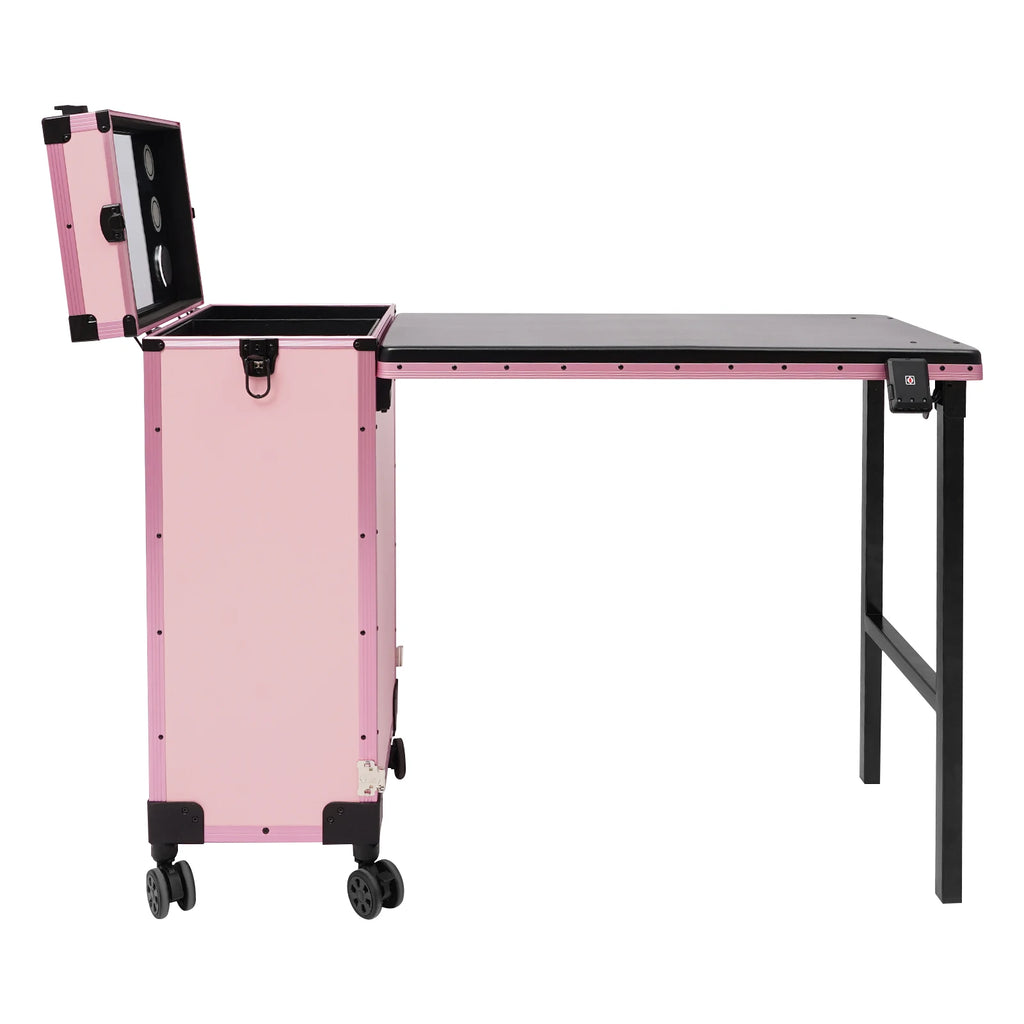 3-Tier Foldable Makeup Trolley with Lockable Drawers and Combination Lock, Mobile Beauty Case with Fold-out Table for On-Site Makeup