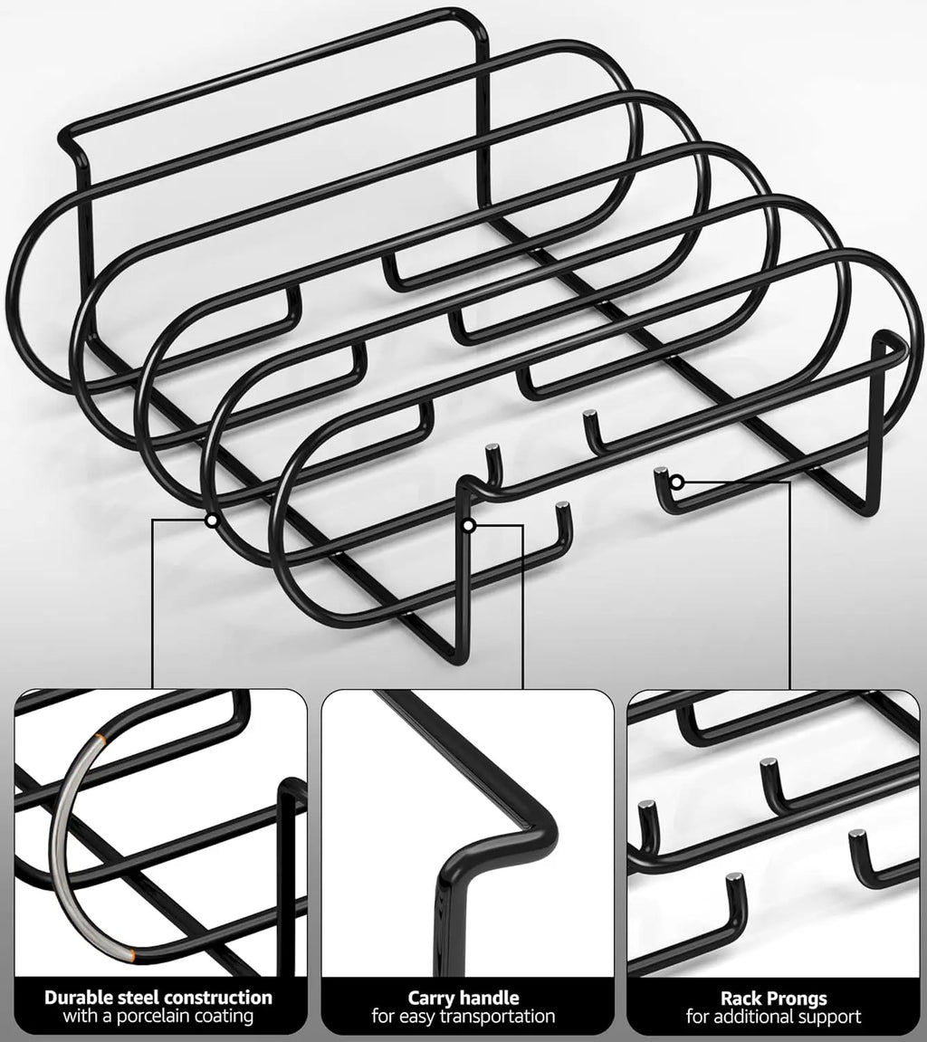 LMETJMA BBQ Rib Racks Non-Stick Coated Steel Roasting Barbecue Meat Roasting Grilling Stand Holds 4 Rib Rack For Gas Grill JT25t