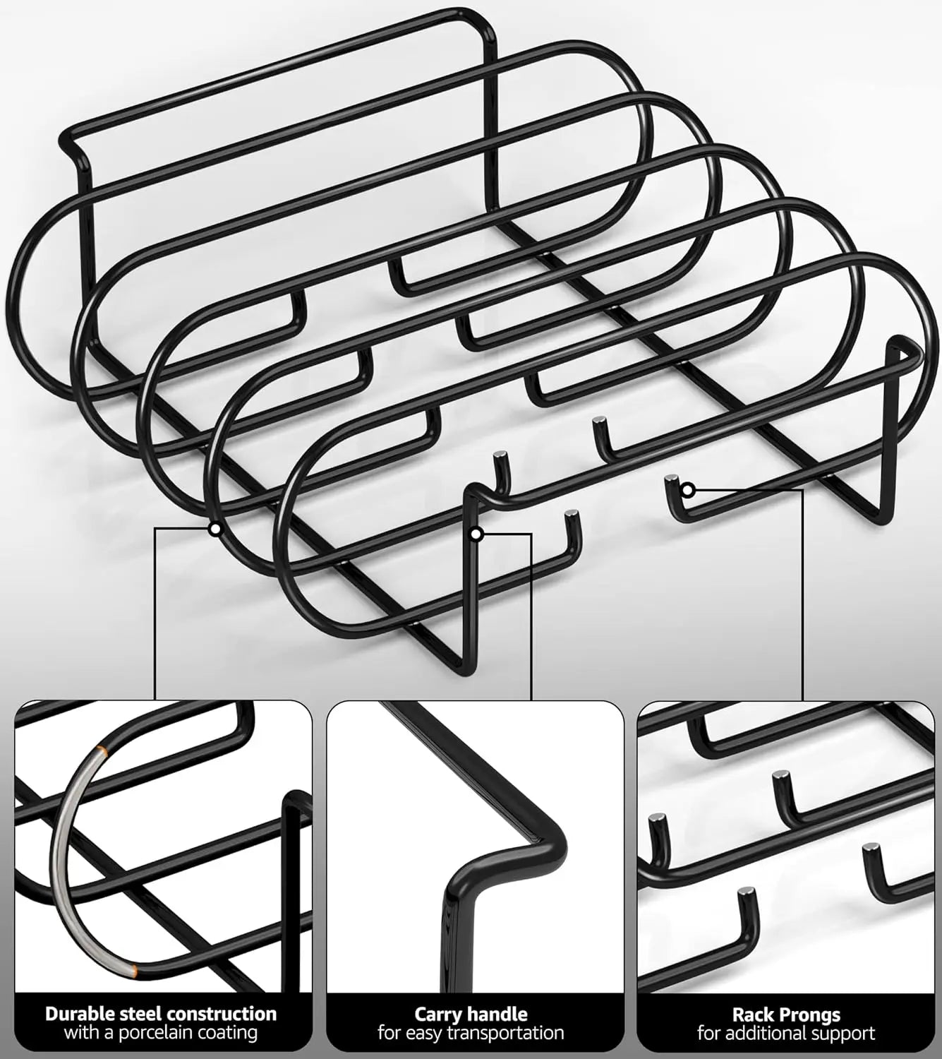 LMETJMA BBQ Rib Racks Non-Stick Coated Steel Roasting Barbecue Meat Roasting Grilling Stand Holds 4 Rib Rack For Gas Grill JT25t
