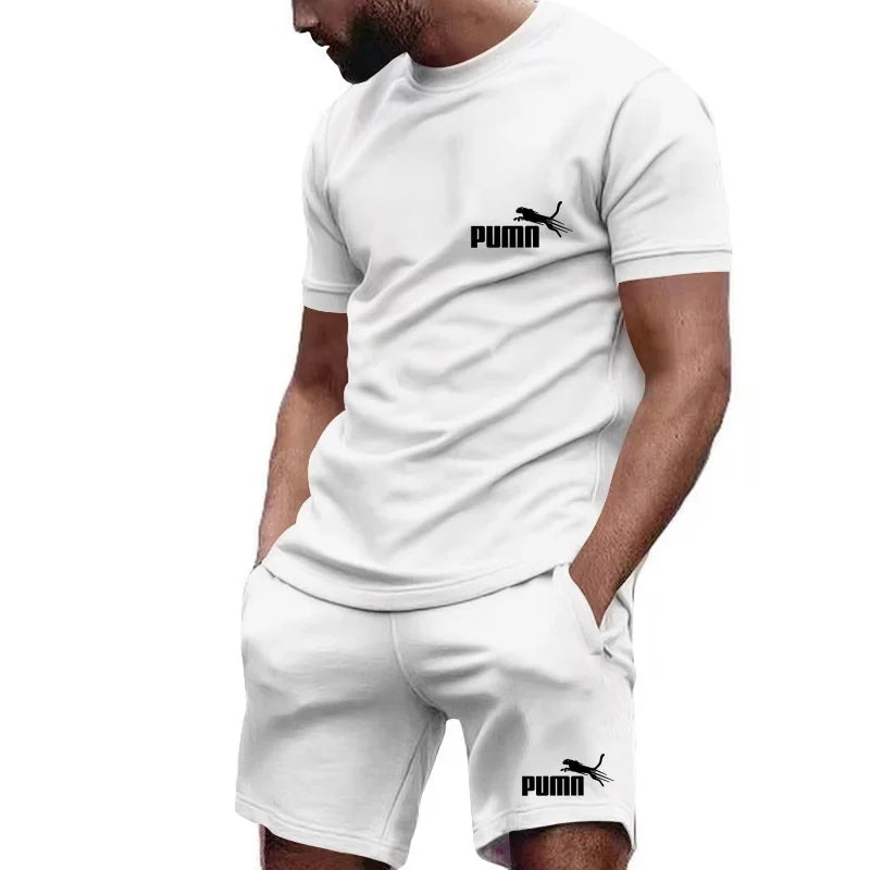 2026 new summer men's T-shirt+shorts set printed fashionable casual round neck pullover, breathable quick running sports shorts