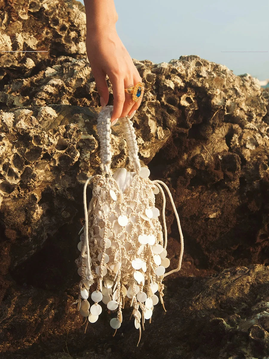 Retro Sequin Woven Tassel Cotton Linen  Hollow out Bucket Evening Elegance Hand Clutch Crossbody Bag